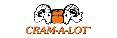 Logo with two ram heads facing inward, a compacted orange bale between them, and the text CRAM-A-LOT in bold orange letters below.