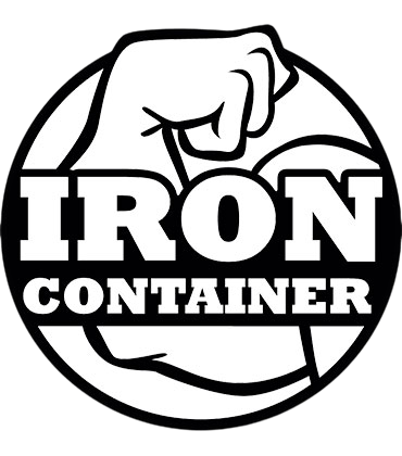 A circular logo featuring a flexed muscular arm in the background, with the bold words IRON CONTAINER prominently displayed across the arm. The design is in black and white.