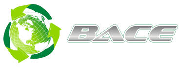 A stylized globe wrapped with green recycling arrows is next to the metallic text BACE on a white background, representing an environmental or recycling-focused organization.