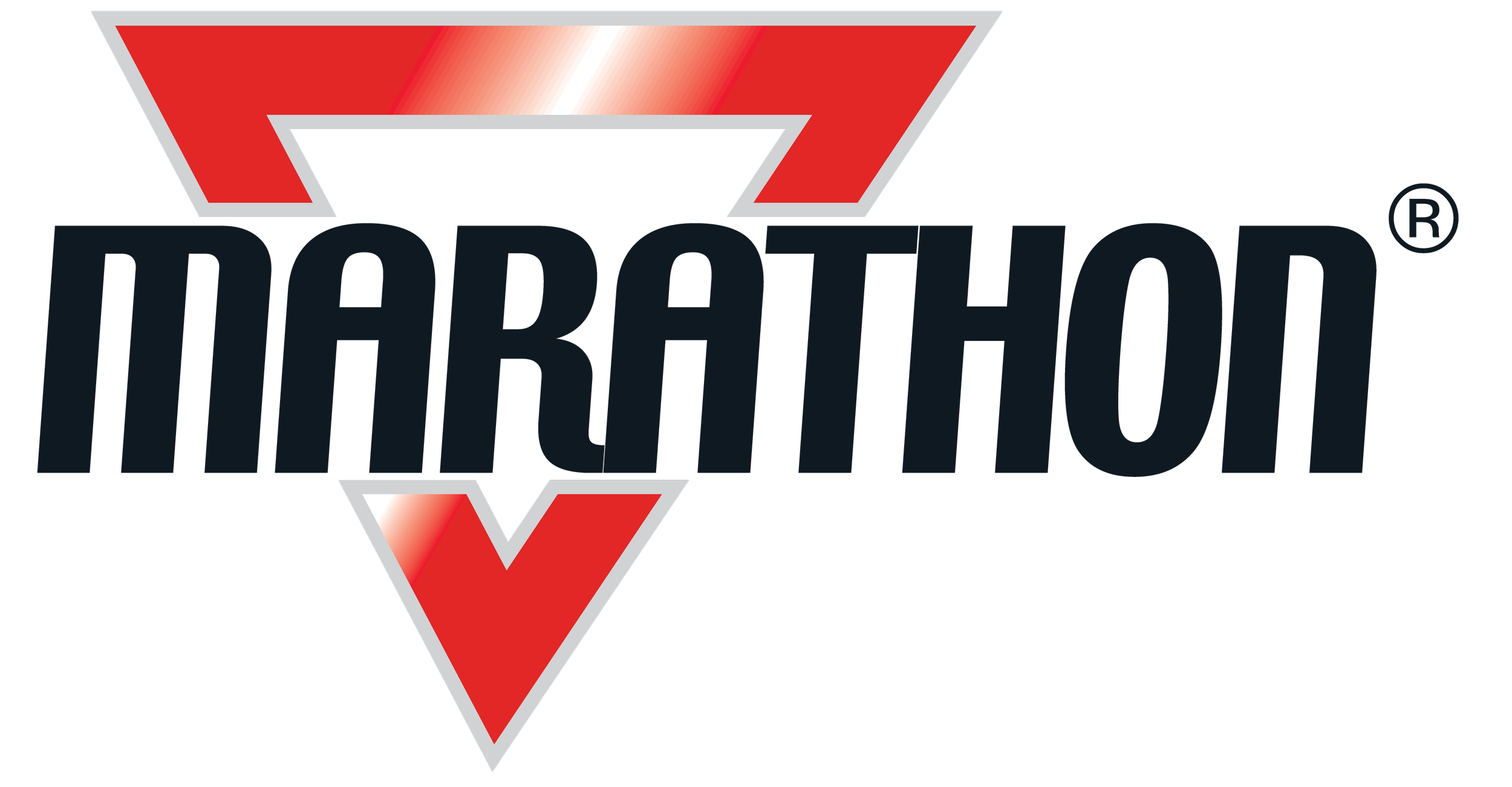 The image shows the word MARATHON in bold black letters, overlaid on a red and white triangular shape with rounded edges and a shiny effect. A registered trademark symbol (®) appears at the top right.