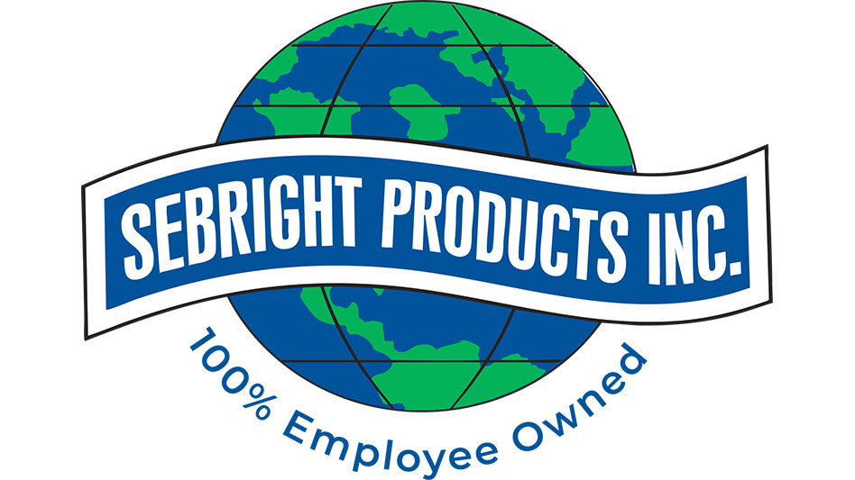 Logo with a globe in the background and a blue banner across it reading Sebright Products Inc. Text below says 100% Employee Owned.