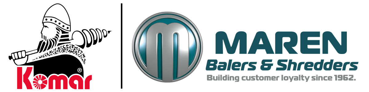 Logo image showing a bearded figure holding a club with the word Komar on the left, and the MAREN Balers & Shredders logo with the tagline Building customer loyalty since 1962 on the right.