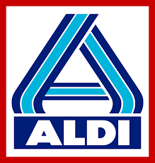 ALDI logo featuring a stylized blue “A” with light blue stripes above the word ALDI in bold white letters, all within a red and white square border.