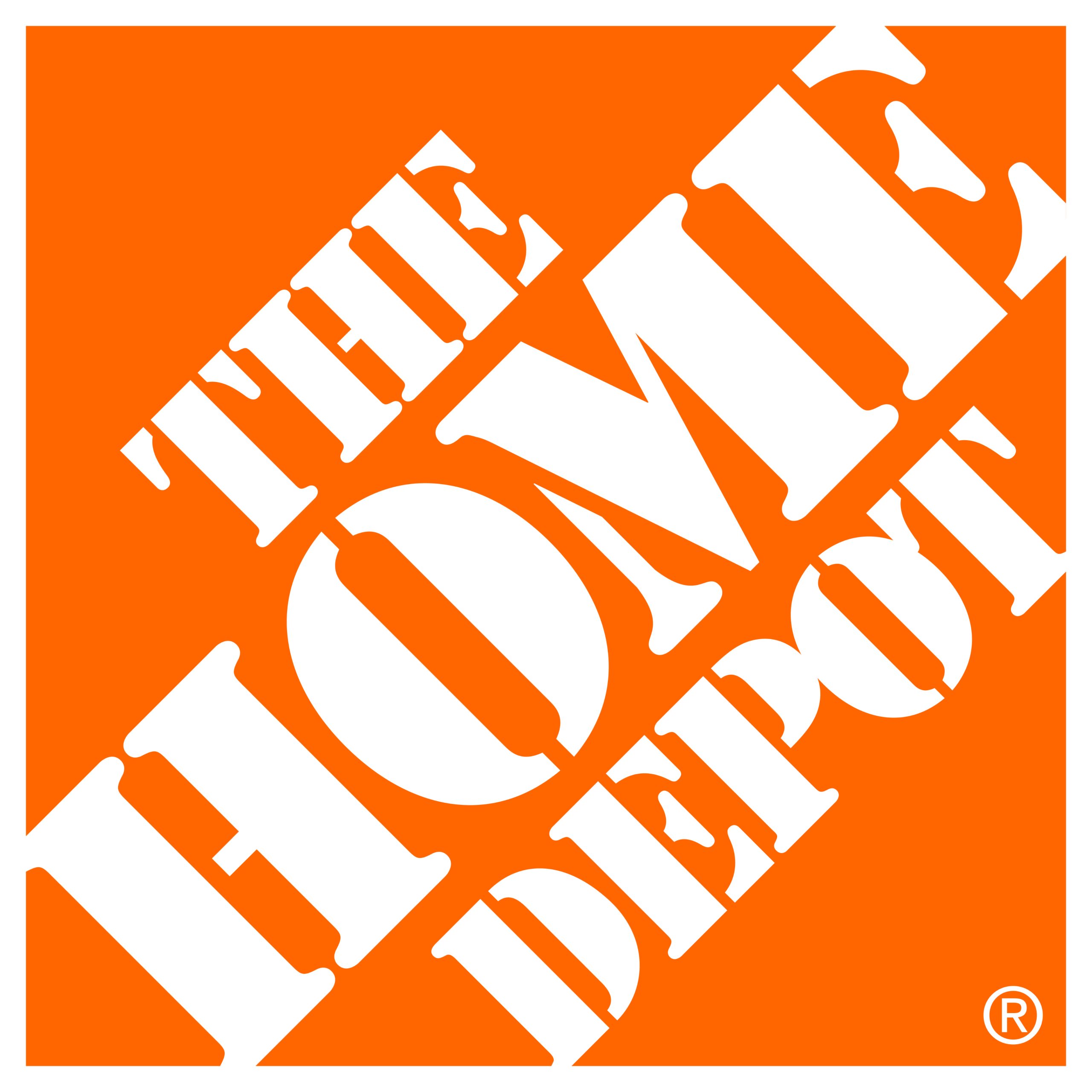The Home Depot logo featuring white, bold, stencil-style text reading The Home Depot diagonally across an orange square background.