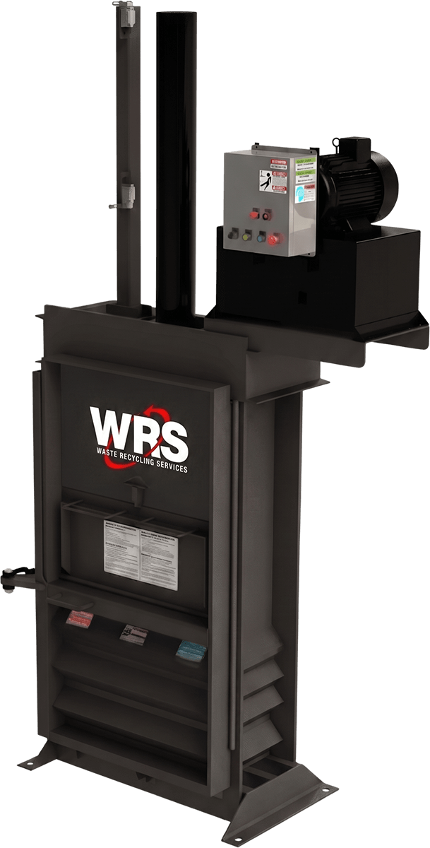 Industrial waste baler machine labeled WRS Waste Recycling Services, with a control panel and hydraulic components on top, used for compressing recyclable materials.